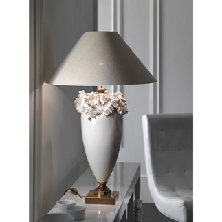 Hand shaped and glazed majolica lamp Burnished brass details White silk linen over gold lampshade
